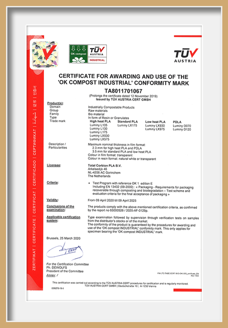  Certificat d'utilisation de la marque de conformité OK Compost Industrial pour Wenzhou Guda Technology Co., Ltd